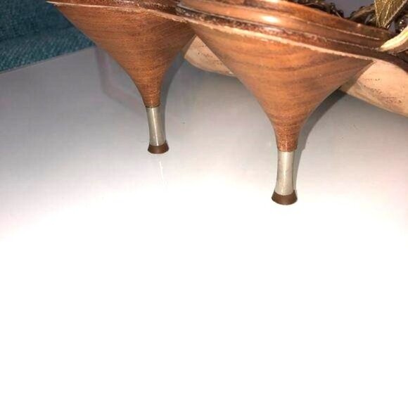 Prada Sandals Womens Size 8.5 Gold Studded Square Toe Brown Buckle Stiletto - Picture 7 of 9